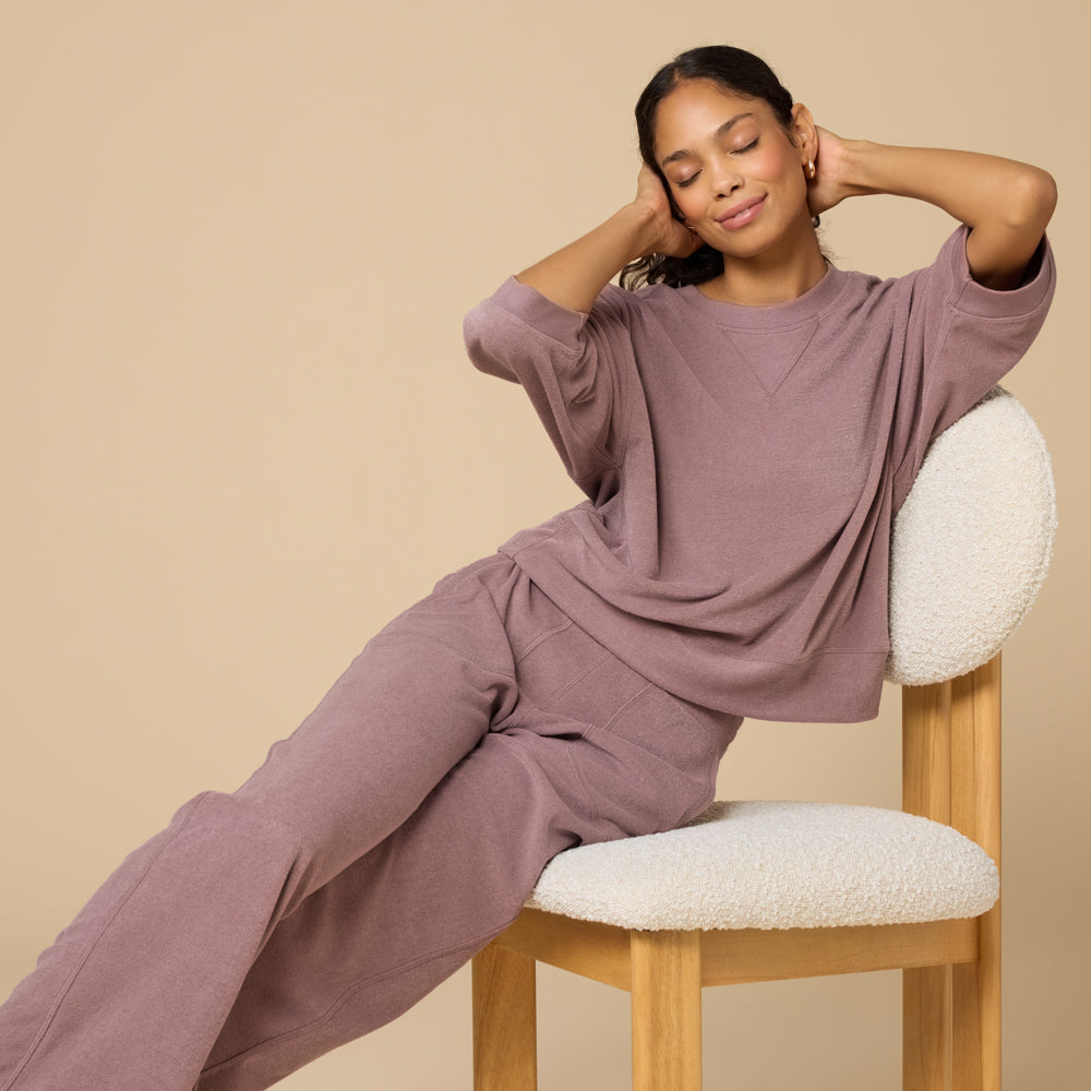 Terry Cropped Sleeve Crew Neck with Wide Leg Pant