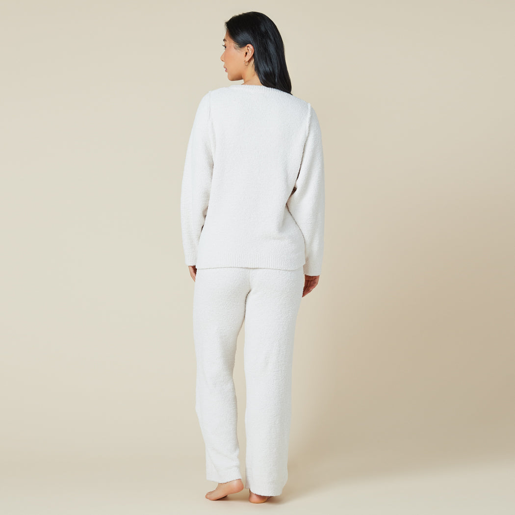 Solid Marshmallow Reverse Seam Crew Neck Lounge Set with Bracelet Sleeve