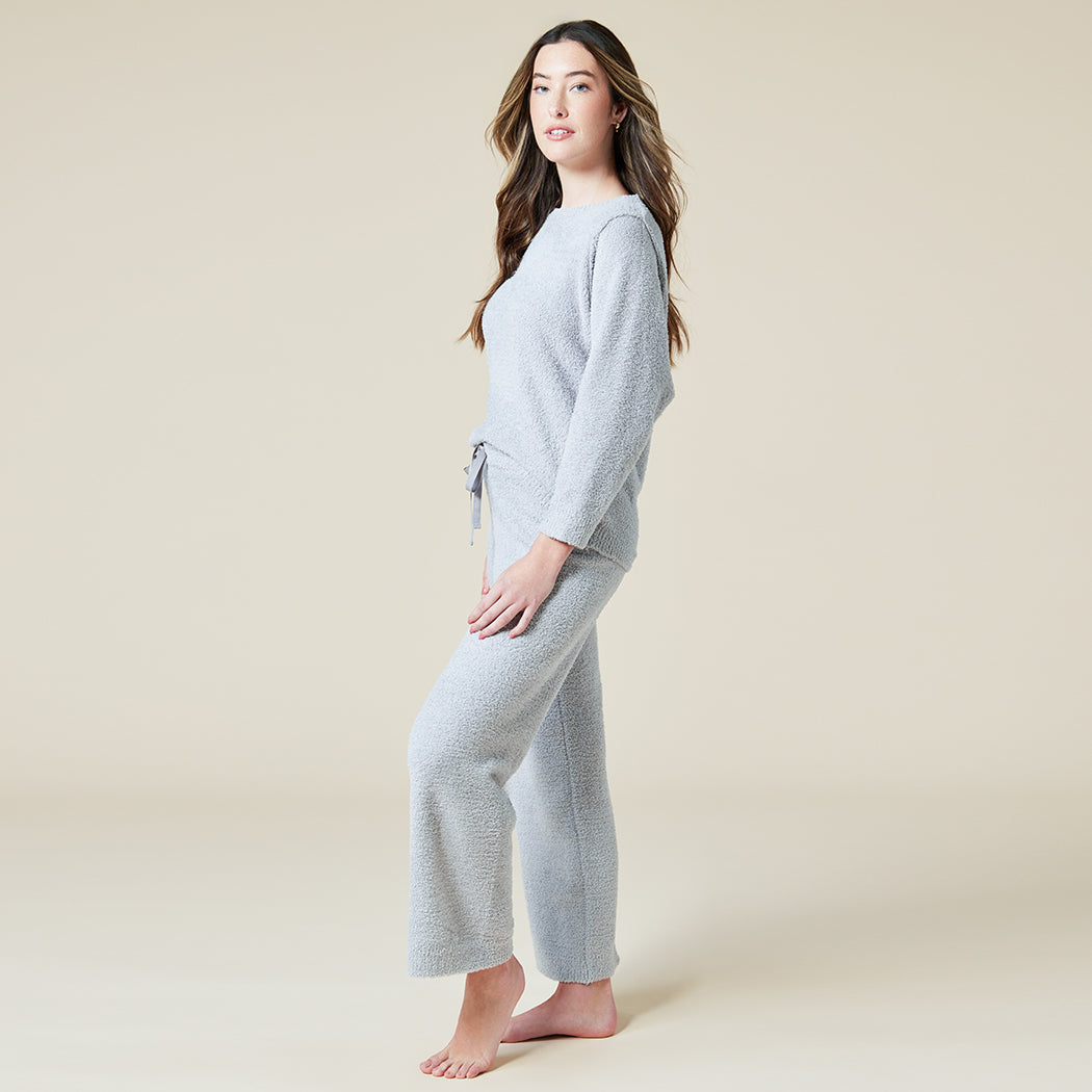 Solid Marshmallow Reverse Seam Crew Neck Lounge Set with Bracelet Sleeve