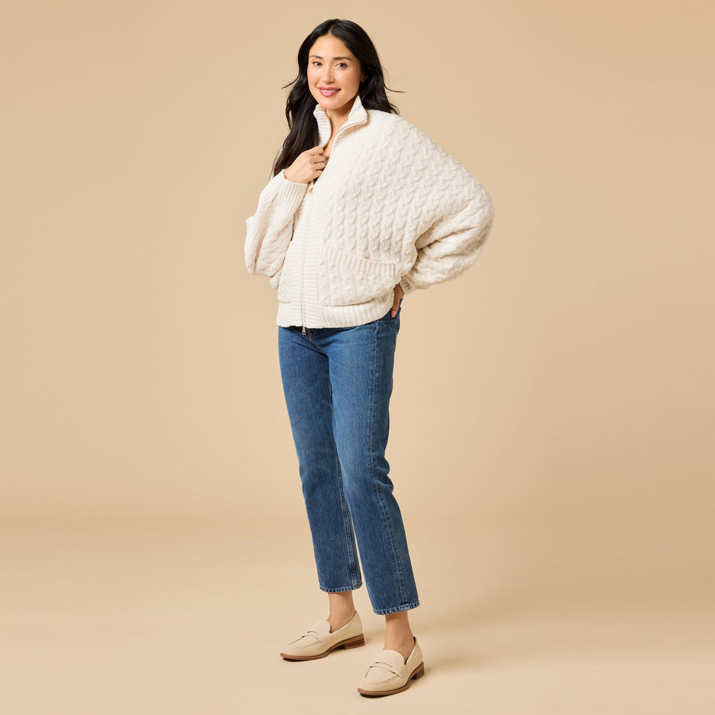 Cable Knit Marshmallow Funnel Neck Double Zip Jacket