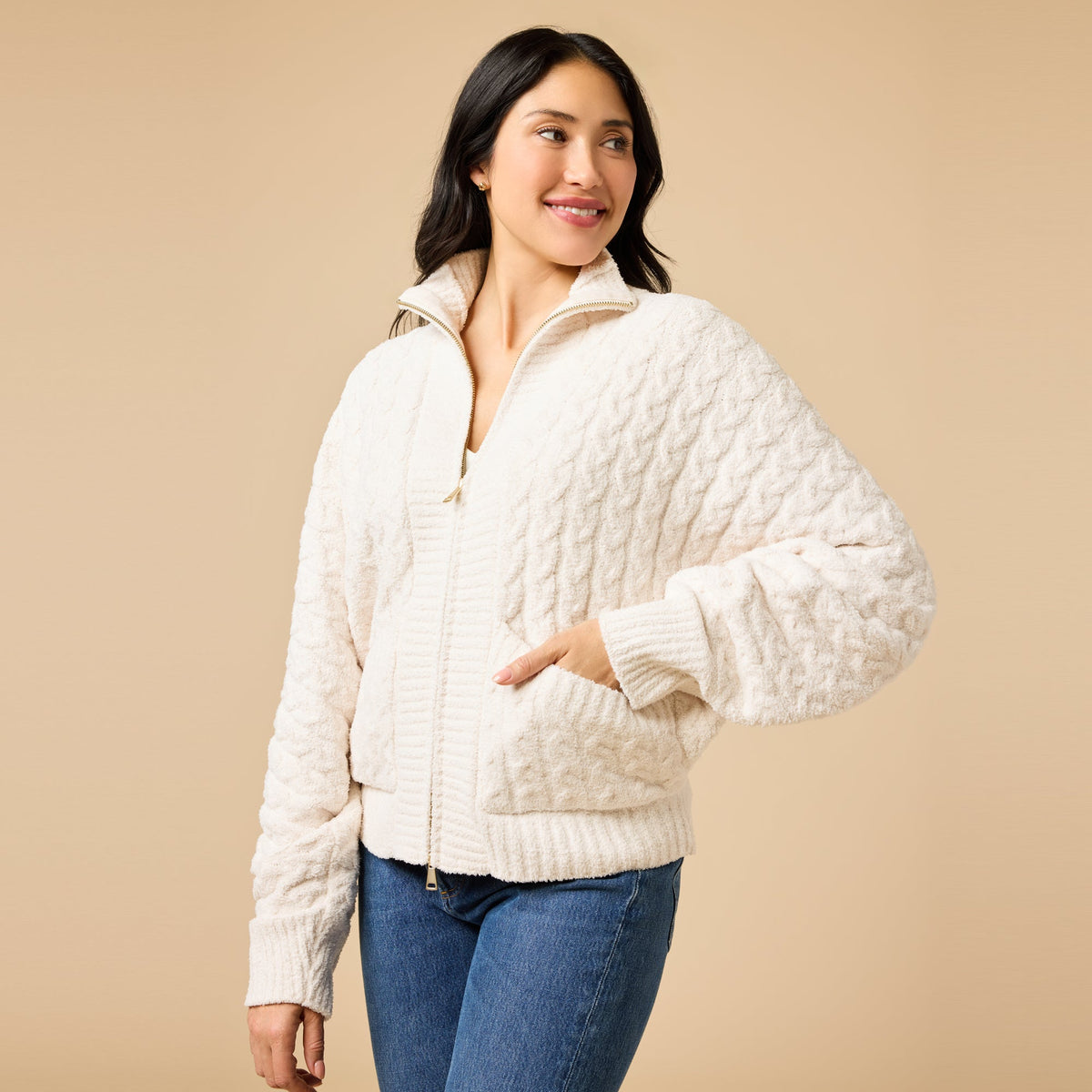 Cable Knit Marshmallow Funnel Neck Double Zip Jacket