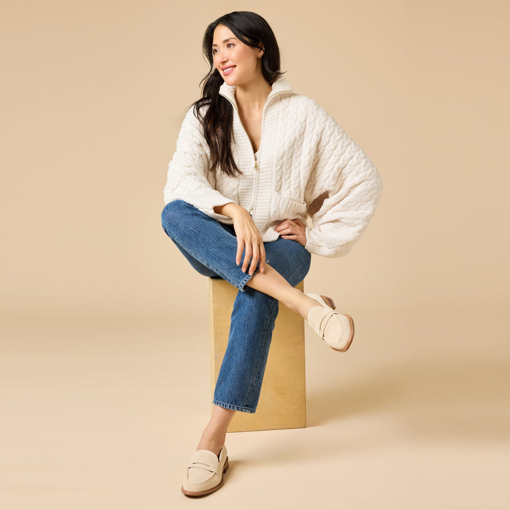 Cable Knit Marshmallow Funnel Neck Double Zip Jacket