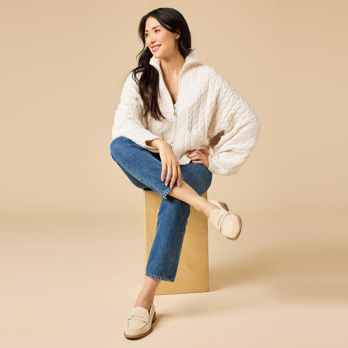 Cable Knit Marshmallow Funnel Neck Double Zip Jacket
