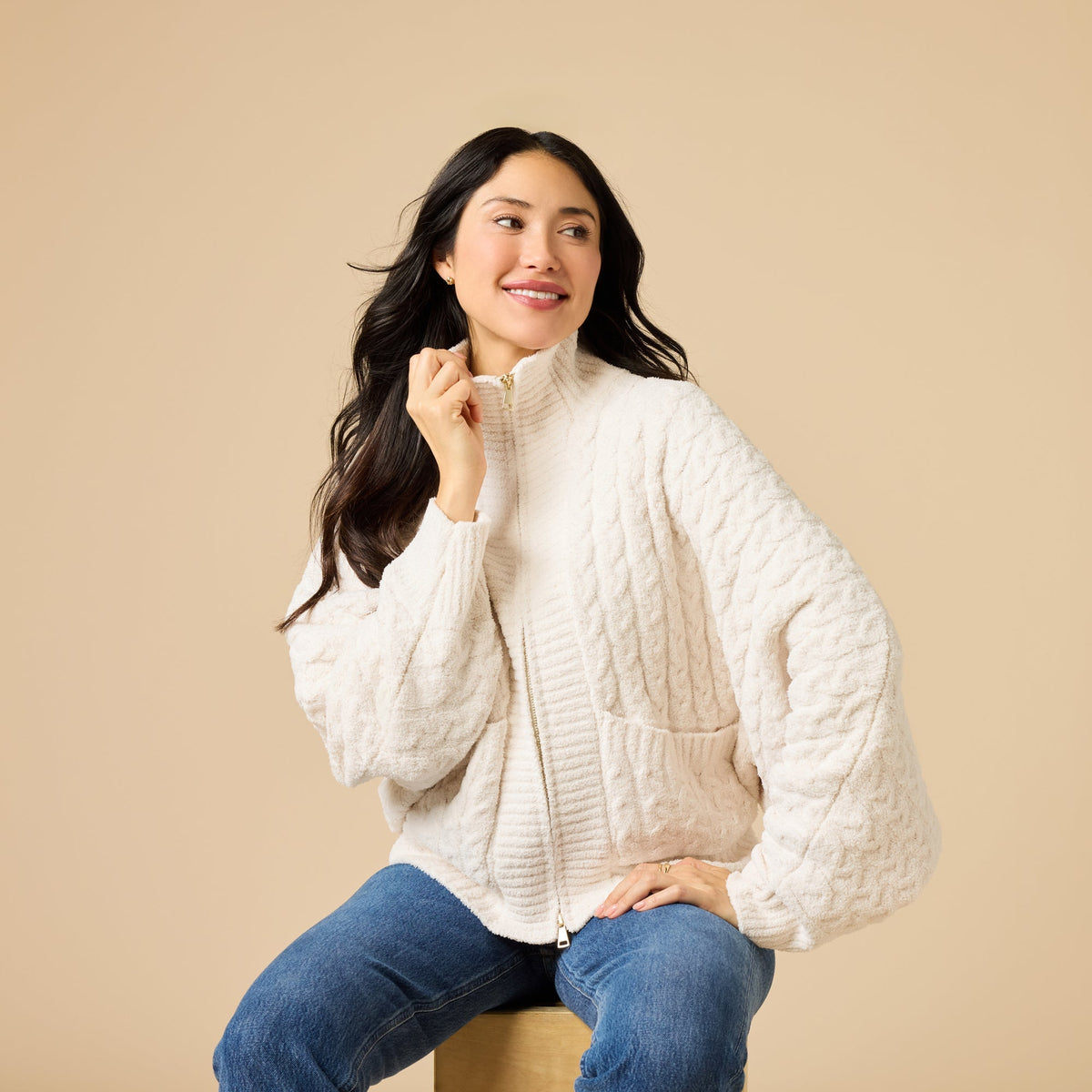 Cable Knit Marshmallow Funnel Neck Double Zip Jacket