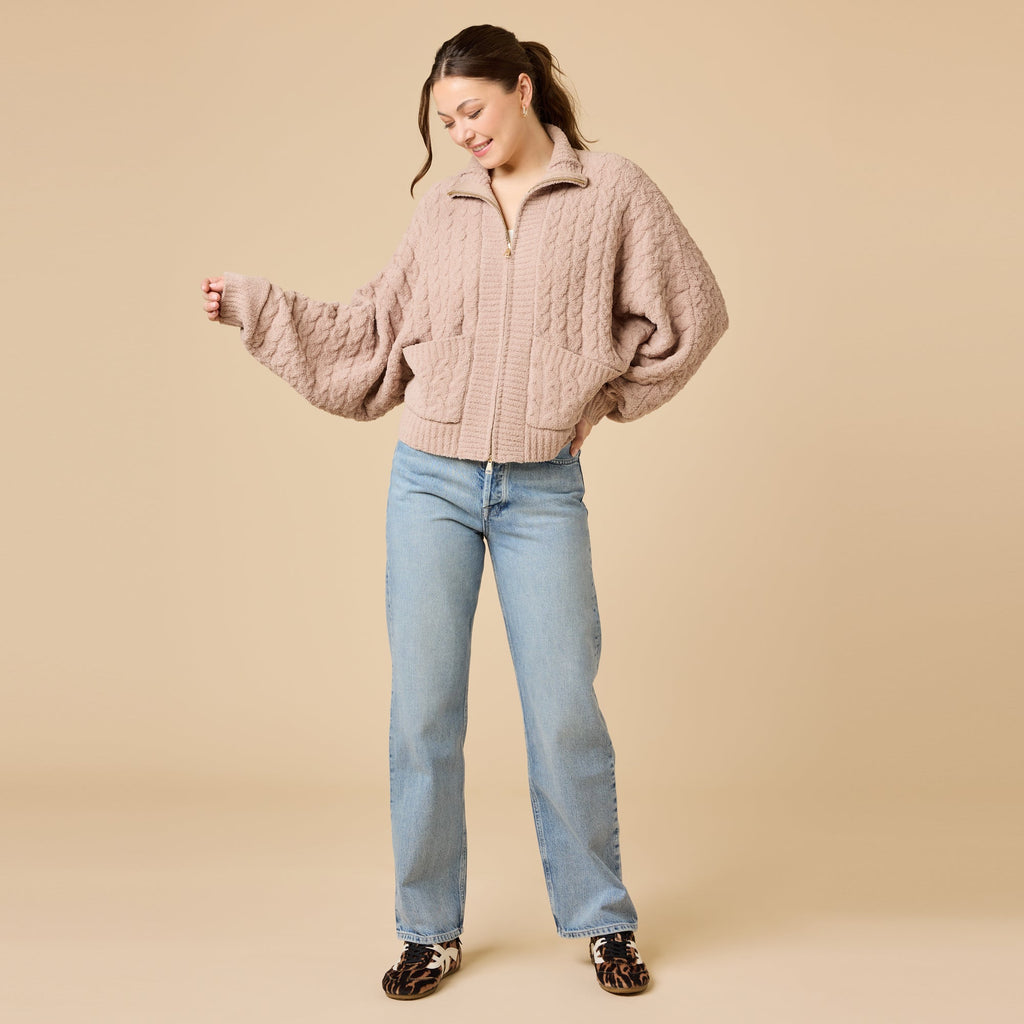 Cable Knit Marshmallow Funnel Neck Double Zip Jacket