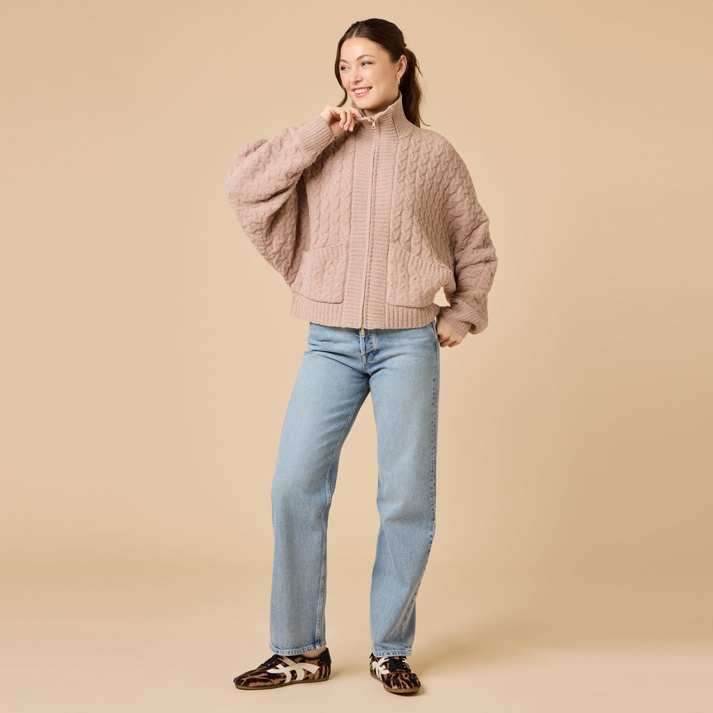 Cable Knit Marshmallow Funnel Neck Double Zip Jacket