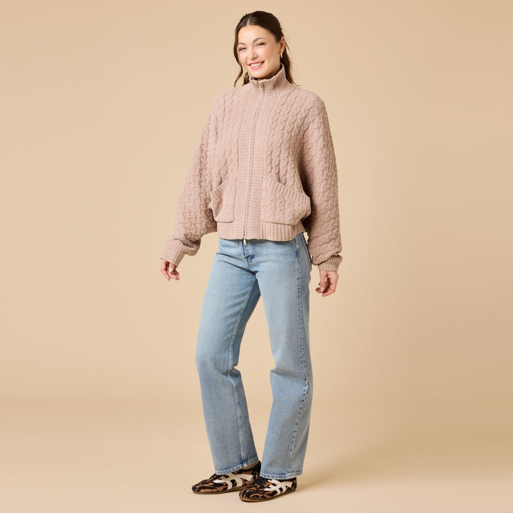 Cable Knit Marshmallow Funnel Neck Double Zip Jacket