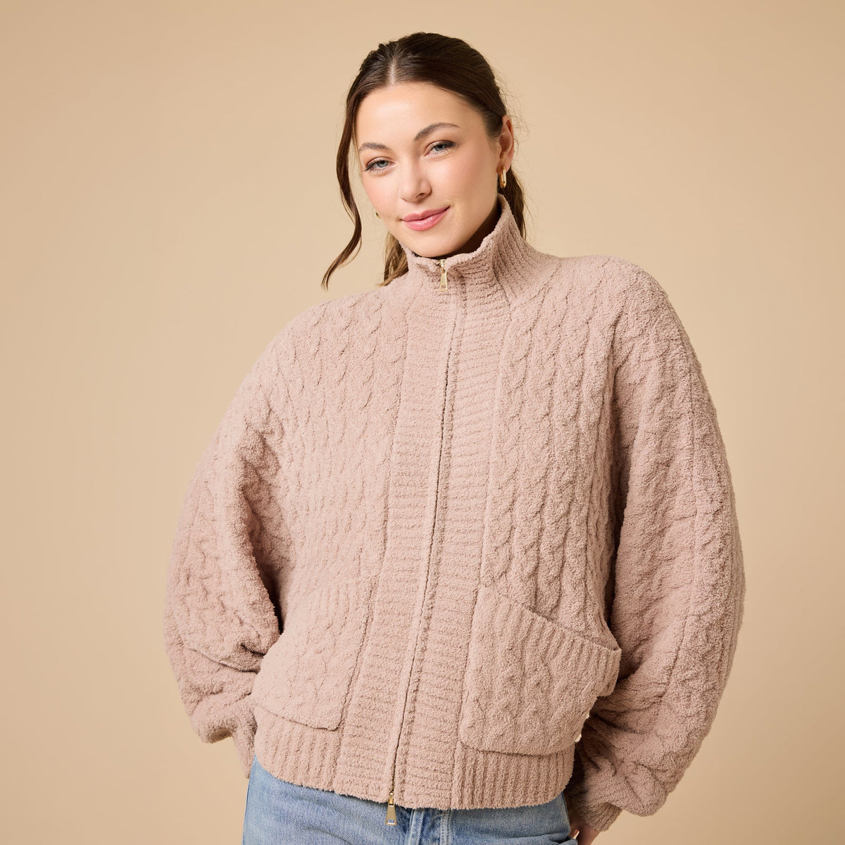 Cable Knit Marshmallow Funnel Neck Double Zip Jacket