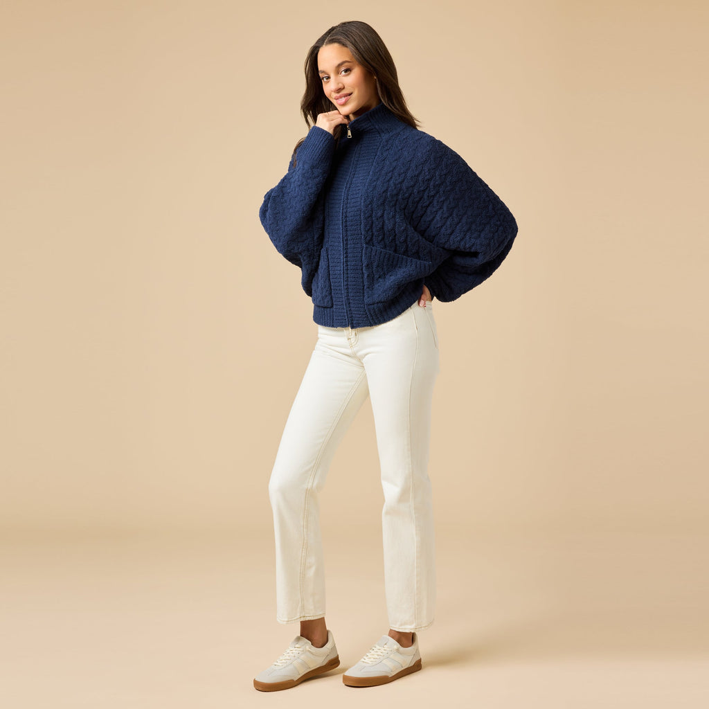 Cable Knit Marshmallow Funnel Neck Double Zip Jacket