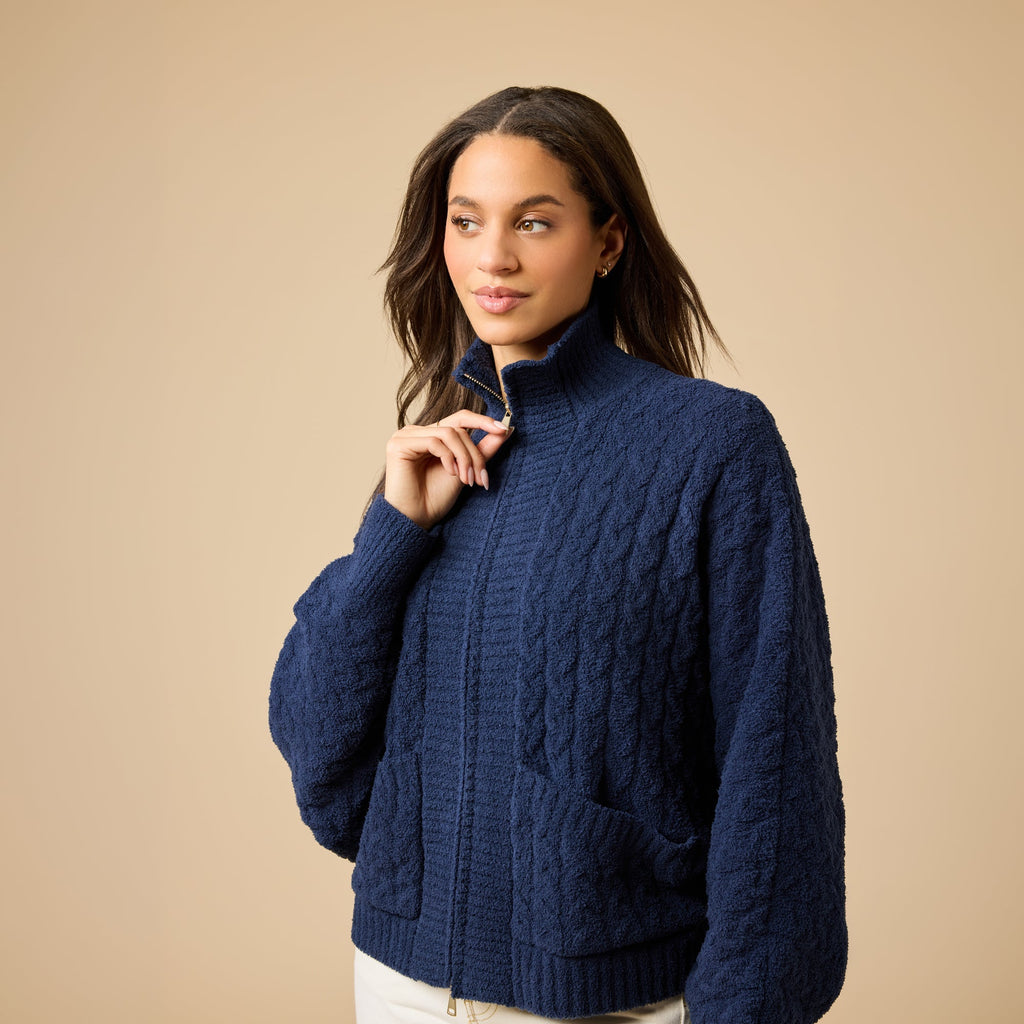 Cable Knit Marshmallow Funnel Neck Double Zip Jacket