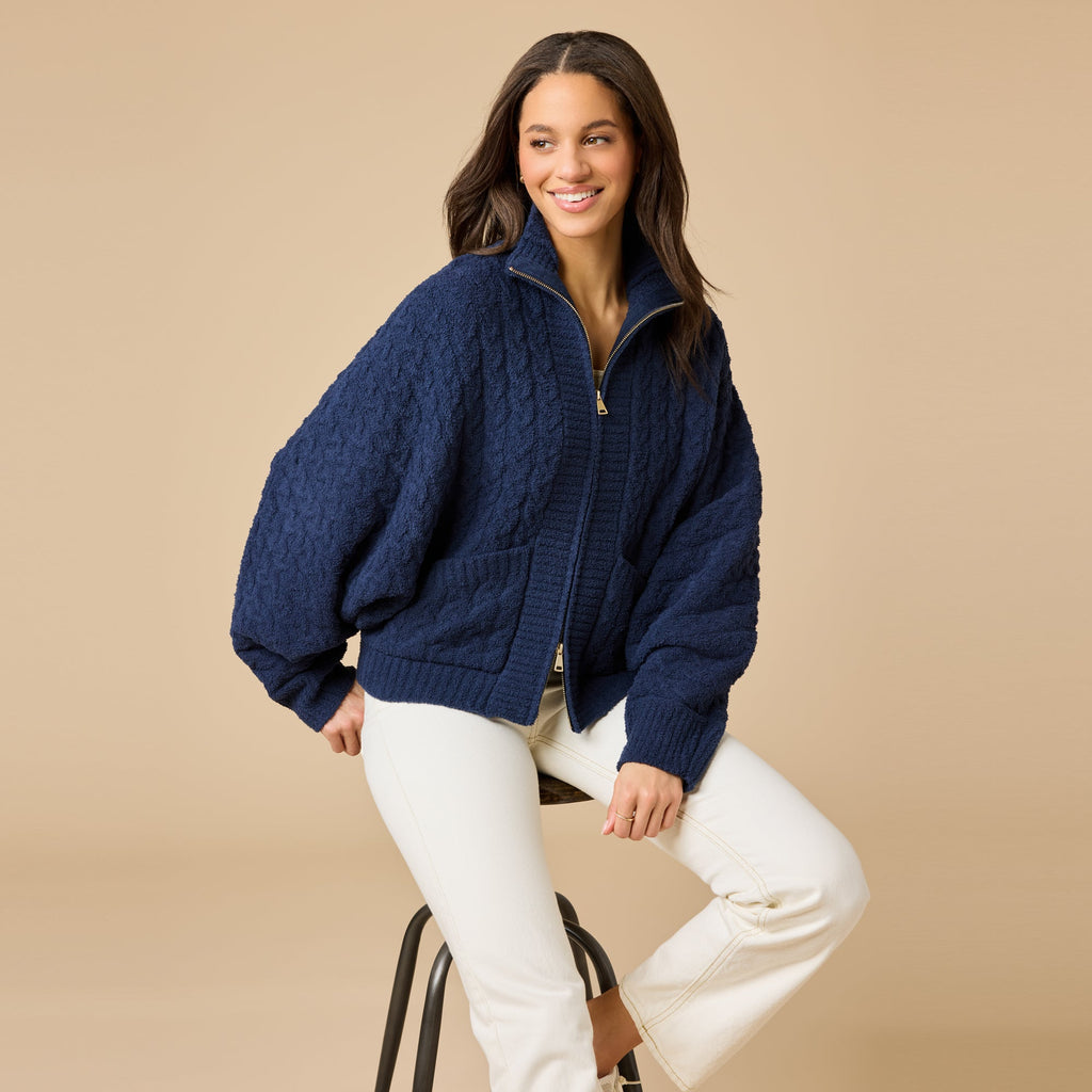 Cable Knit Marshmallow Funnel Neck Double Zip Jacket