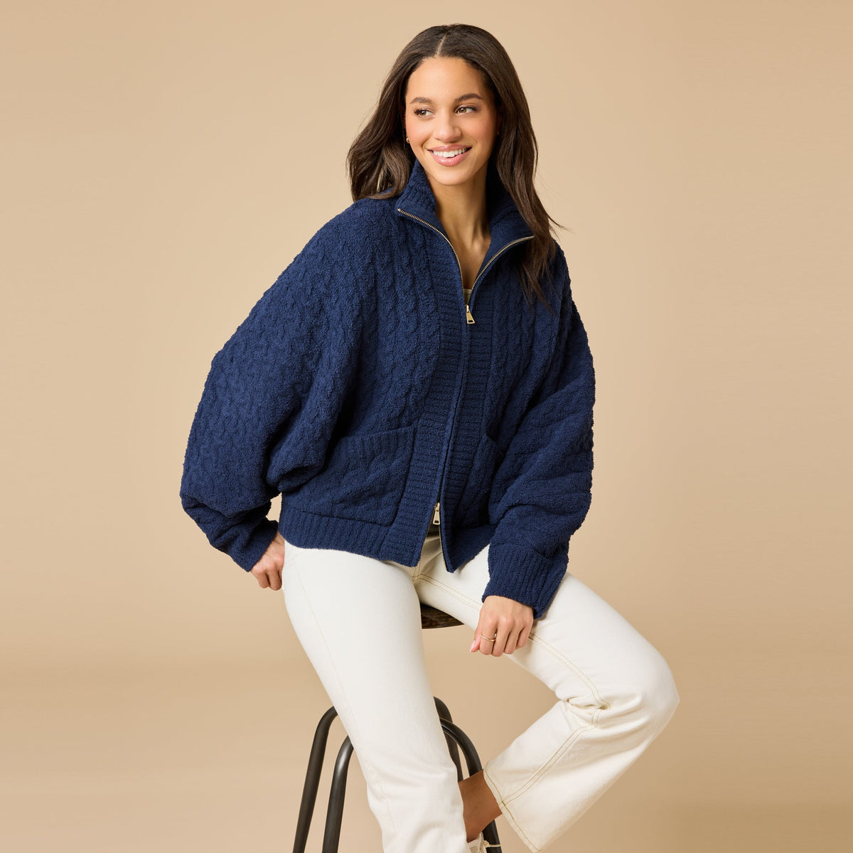Cable Knit Marshmallow Funnel Neck Double Zip Jacket