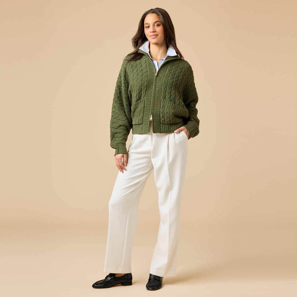 Cable Knit Marshmallow Funnel Neck Double Zip Jacket