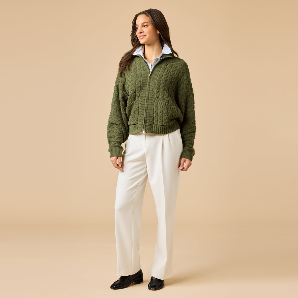 Cable Knit Marshmallow Funnel Neck Double Zip Jacket