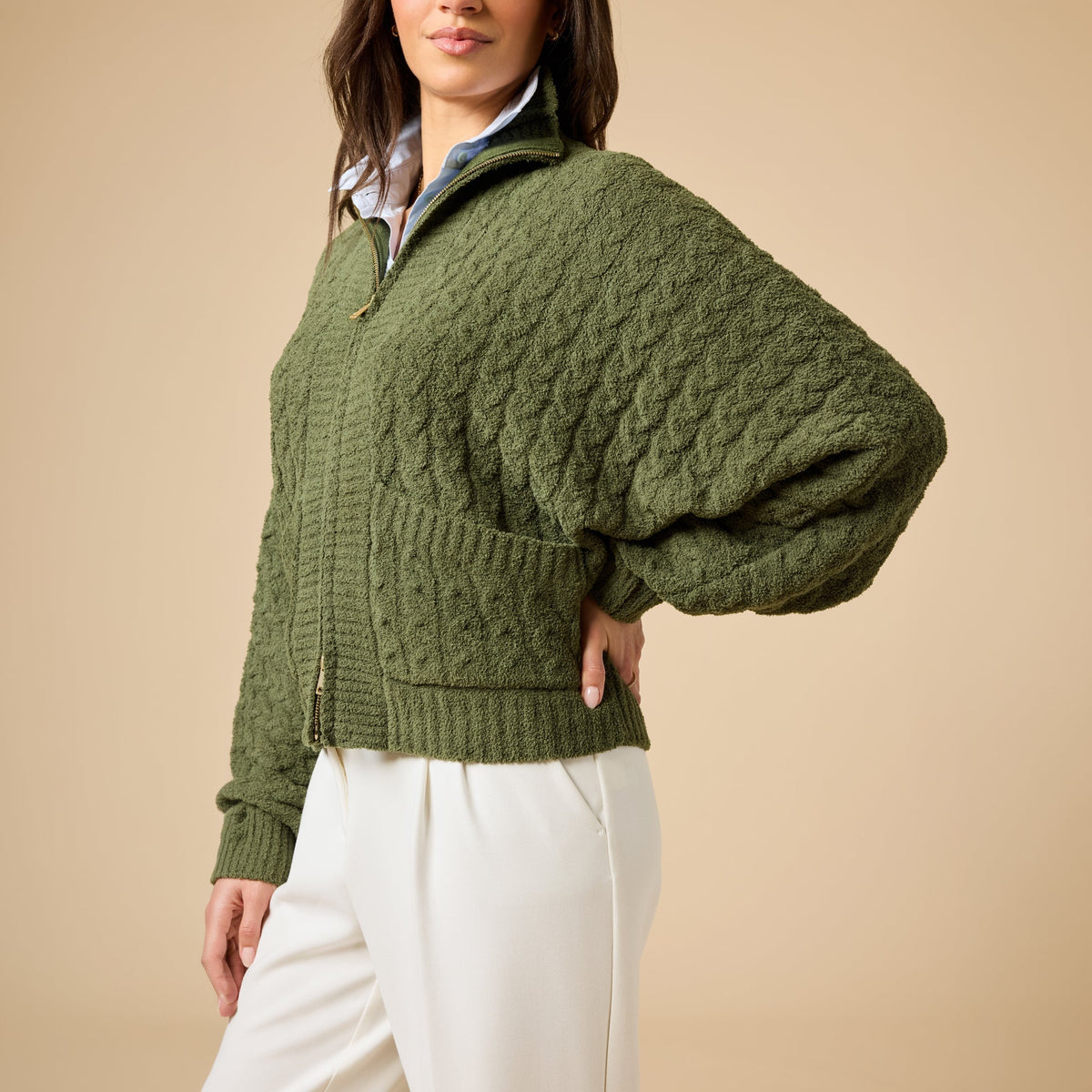 Cable Knit Marshmallow Funnel Neck Double Zip Jacket