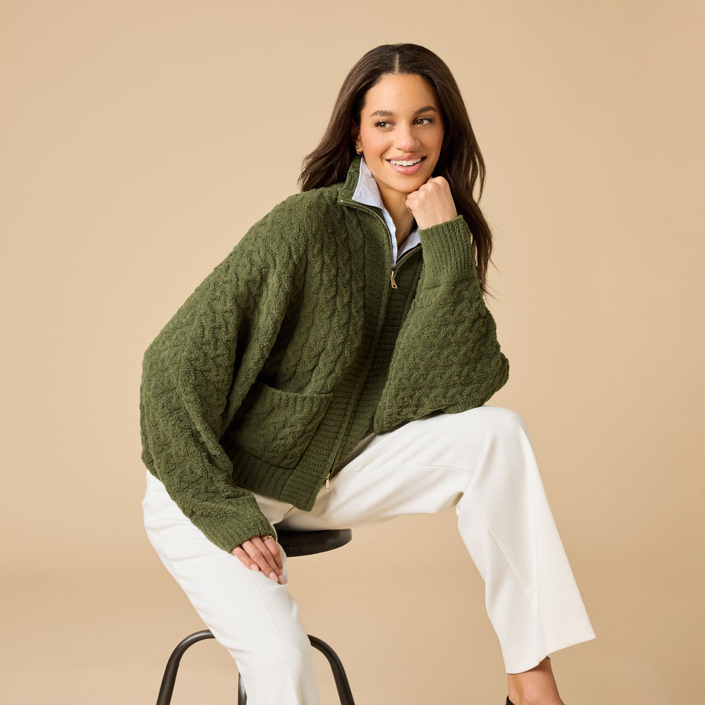 Cable Knit Marshmallow Funnel Neck Double Zip Jacket