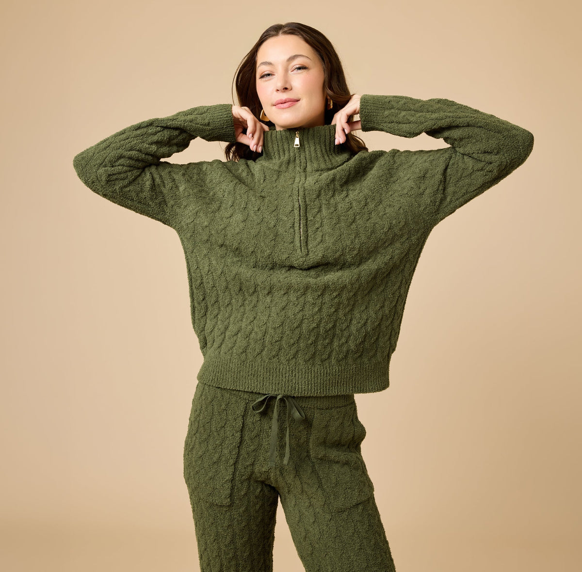 Cable Knit Marshmallow 1/2 Zip with Tapered Pant
