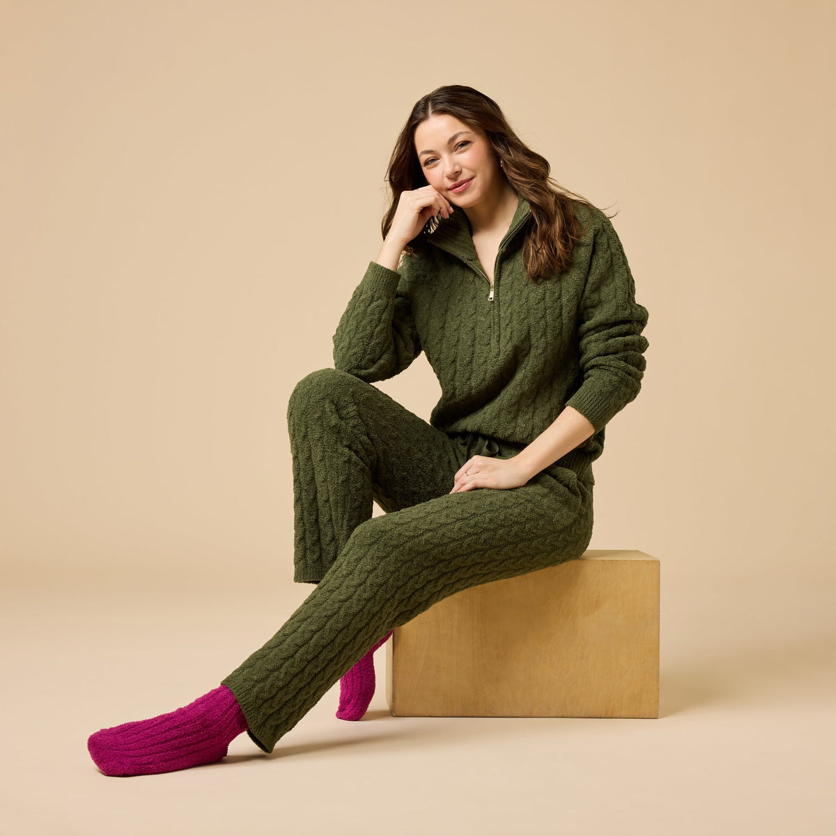 Cable Knit Marshmallow 1/2 Zip with Tapered Pant