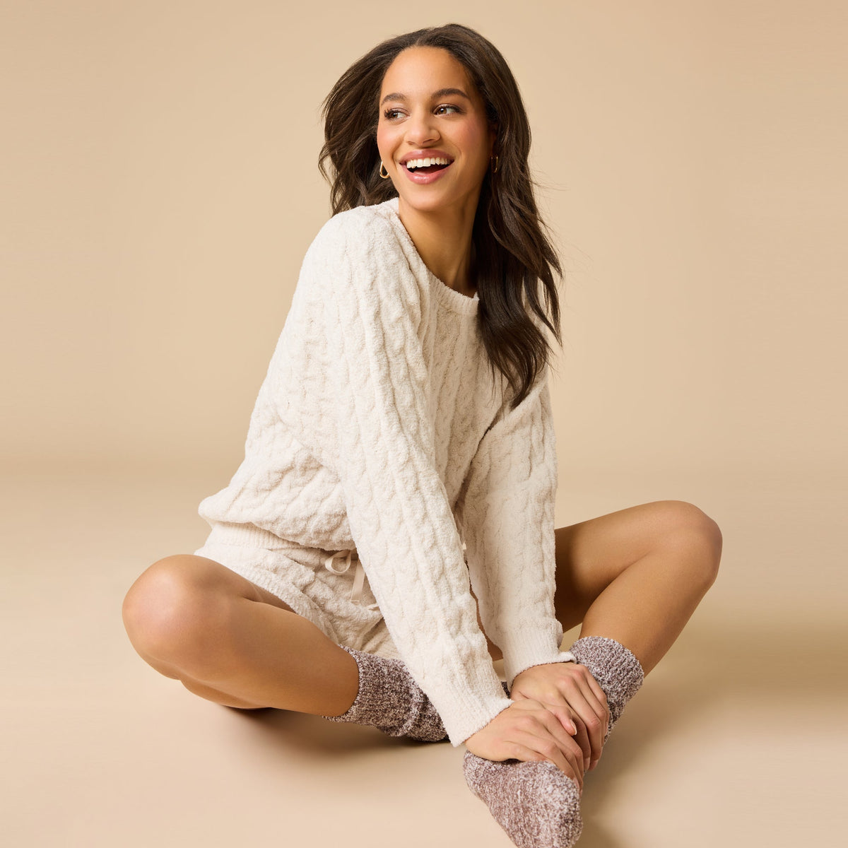 Cable Knit Marshmallow Crew Neck with Short Set