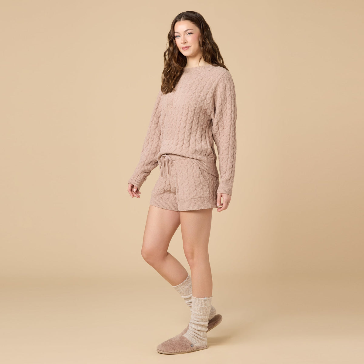 Cable Knit Marshmallow Crew Neck with Short Set