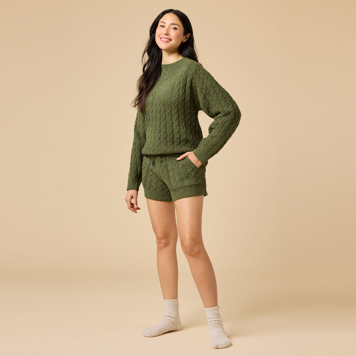 Cable Knit Marshmallow Crew Neck with Short Set
